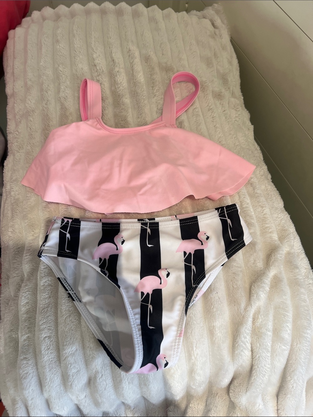 Pink Ruffle Bikini Top with Flamingo Stripe Bottoms